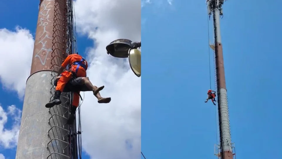 Homem tenta furtar fios em torre de telecomunicação, é resgatado pelos bombeiros e preso em Manaus