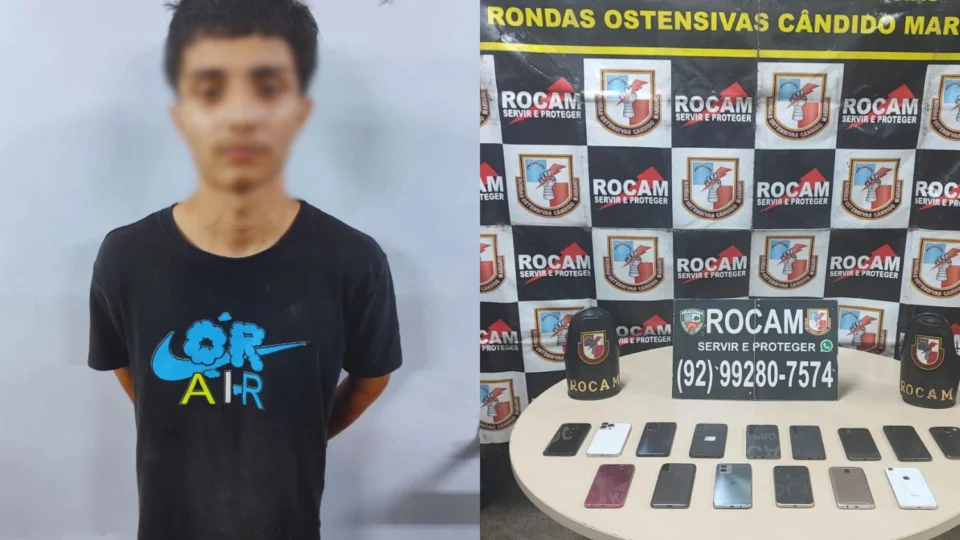 Suspeito de roubo é preso pela Rocam com 15 celulares no Conjunto Águas Claras, em Manaus