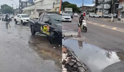 Buraco em avenida causa acidente e danos a veículo na zona sul de Manaus