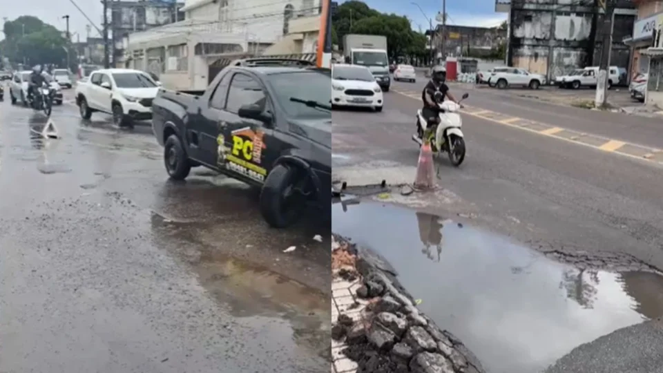 Buraco em avenida causa acidente e danos a veículo na zona sul de Manaus