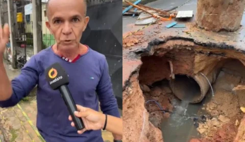 Cratera gigante impede passagem de veículos e ameaça moradores na Rua Ipiranga, do bairro Santo Antônio