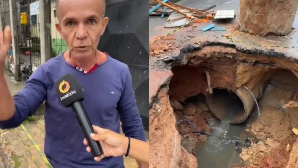 Cratera gigante impede passagem de veículos e ameaça moradores na Rua Ipiranga, do bairro Santo Antônio