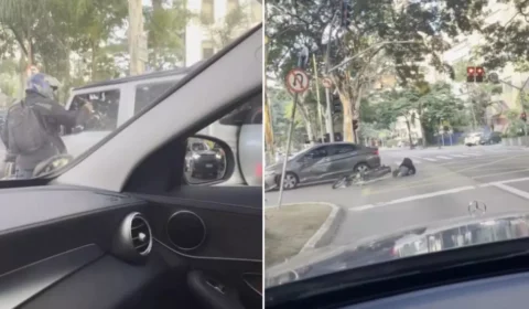 VEJA VÍDEO: criminoso tenta assaltar motorista de carro e termina atropelado