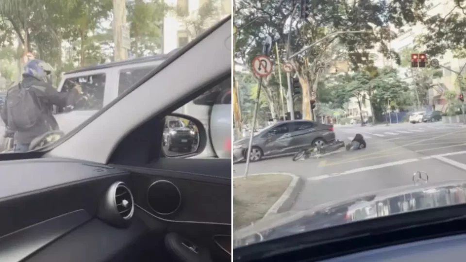 VEJA VÍDEO: criminoso tenta assaltar motorista de carro e termina atropelado