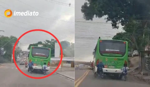 VEJA VÍDEO: jovens são flagrados em ‘carona perigosa’ na traseira de ônibus em Manaus