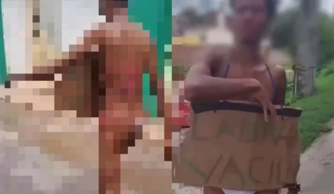 VEJA VÍDEO: suposto ladrão passa por ‘tribunal do crime’ e desfila de fio-dental por rua