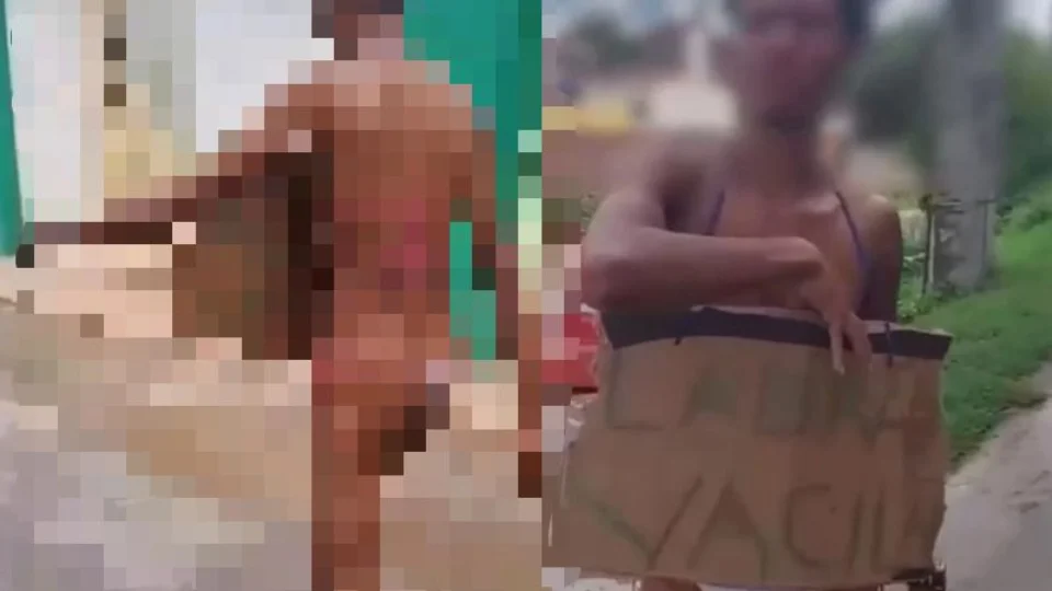 VEJA VÍDEO: suposto ladrão passa por ‘tribunal do crime’ e desfila de fio-dental por rua