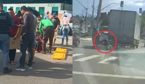 Vídeo: Motorista grava momento em que vítima cai de moto e é atropelada por caminhão baú