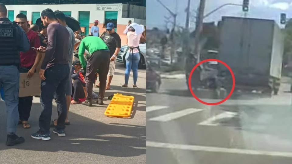 Vídeo: Motorista grava momento em que vítima cai de moto e é atropelada por caminhão baú