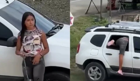 Usando desentupidor de pia, mulher furta objetos de carro em plena luz do dia; vídeo viraliza