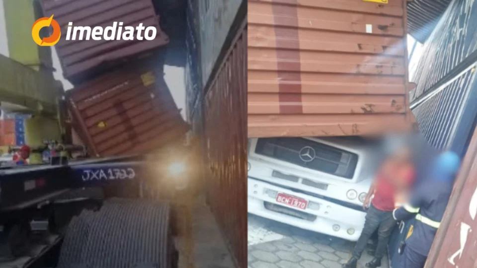 VEJA VÍDEO: contêineres caem em cima de carreta com motorista dentro no porto chibatão, em manaus