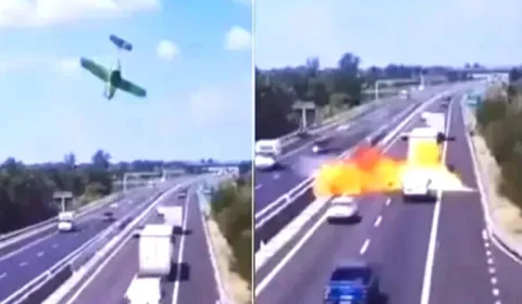 Veja o momento em que ultraleve cai em rodovia na Itália