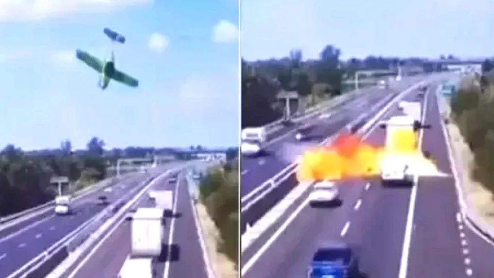 Veja o momento em que ultraleve cai em rodovia na Itália