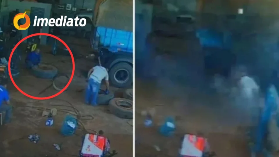 VEJA VÍDEO: caminhoneiro morre após pneu explodir em oficina mecânica