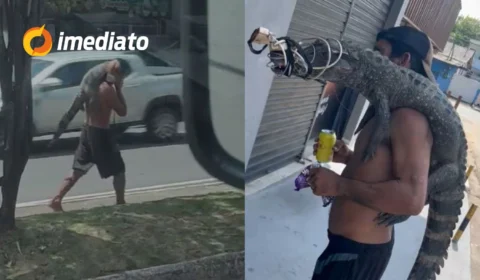 VEJA VÍDEO: homem é flagrado carregando filhote de jacaré nas costas no bairro Planalto, em Manaus
