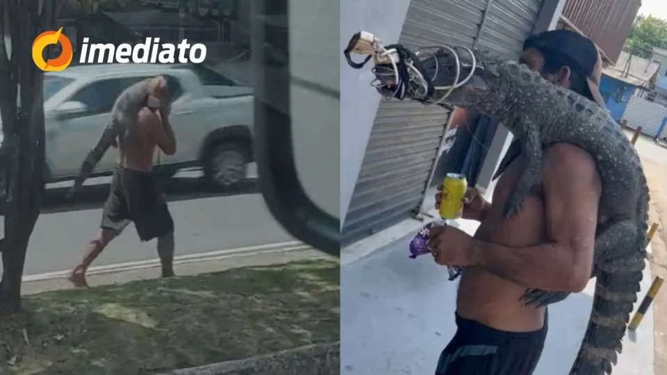 VEJA VÍDEO: homem é flagrado carregando filhote de jacaré nas costas no bairro Planalto, em Manaus