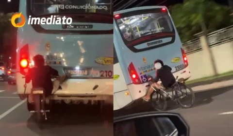 VEJA VÍDEO: Homem é flagrado pegando carona na traseira de ônibus com bicicleta em Avenida de Manaus