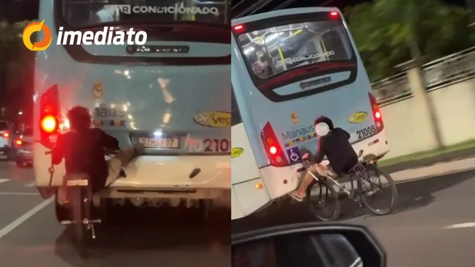 VEJA VÍDEO: Homem é flagrado pegando carona na traseira de ônibus com bicicleta em Avenida de Manaus