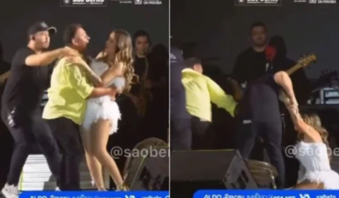 Cantora leva tombo no palco após ser agarrada por fã em show na Paraíba
