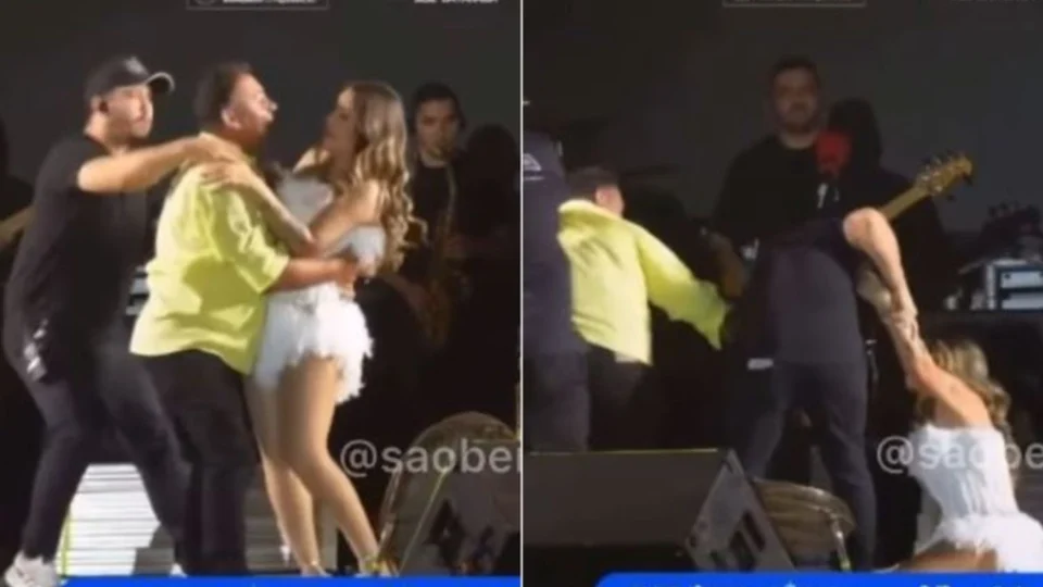 Cantora leva tombo no palco após ser agarrada por fã em show na Paraíba