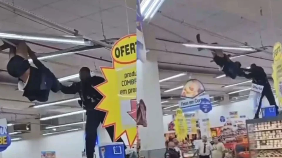 Missão Impossível? homem fica pendurado no teto de supermercado no RJ;VEJA O VÍDEO