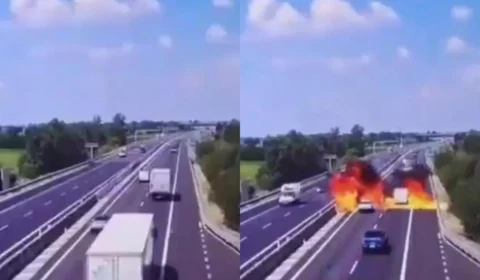 Veja o vídeo: Avião ultraleve cai em rodovia na Itália, explode e mata casal