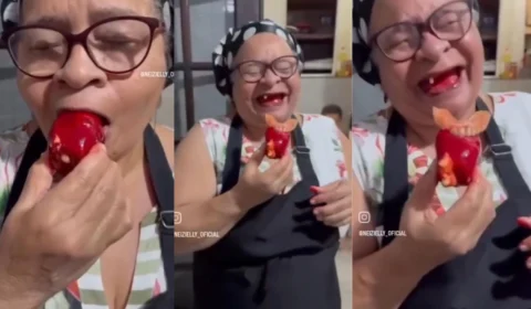 Morango do amor ou terror? Idosa viraliza após ter dentadura presa em morango do amor e diverte a internet