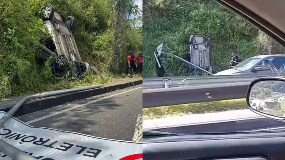 Veja o vídeo: Mãe e filho capotam carro na Avenida das Flores e escapam sem ferimentos graves