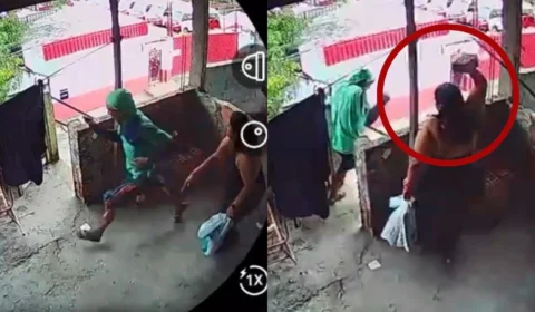 Vídeo: mulher joga tijolos na cabeça de bandido flagrado roubando fios em sua casa no Aleixo