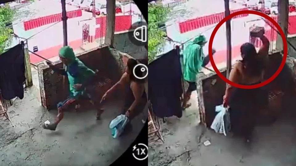 Vídeo: mulher joga tijolos na cabeça de bandido flagrado roubando fios em sua casa no Aleixo