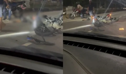 Veja o vídeo: Motociclista e passageiro são arremessados após forte colisão com carro na avenida do Turismo