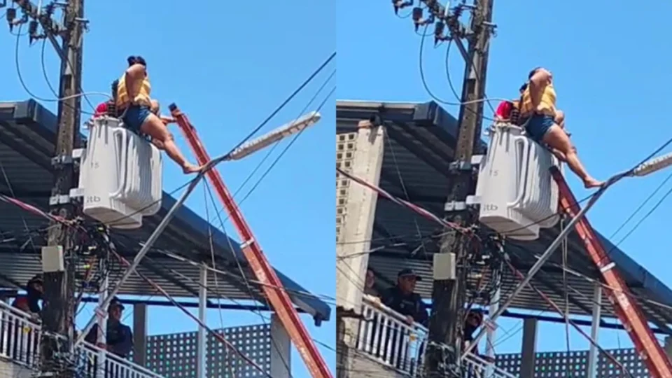 VEJA O VÍDEO: Mulher escala poste e sobe em transformador de energia no Jorge Teixeira