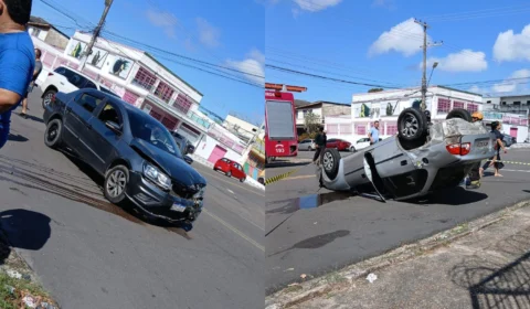 VEJA VÍDEO: Carro capota após ultrapassagem arriscada e colisão violenta em cruzamento de Manaus