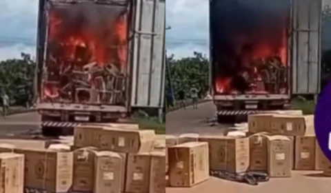 Veja o vídeo: Caminhão baú fica parcialmente destruído após incêndio na BR-319 no Amazonas