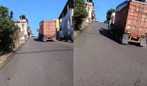 Veja o vídeo: Dois dias após acidente com criança ferida, carreta volta a ficar presa em ladeira no Conjunto Boas Novas