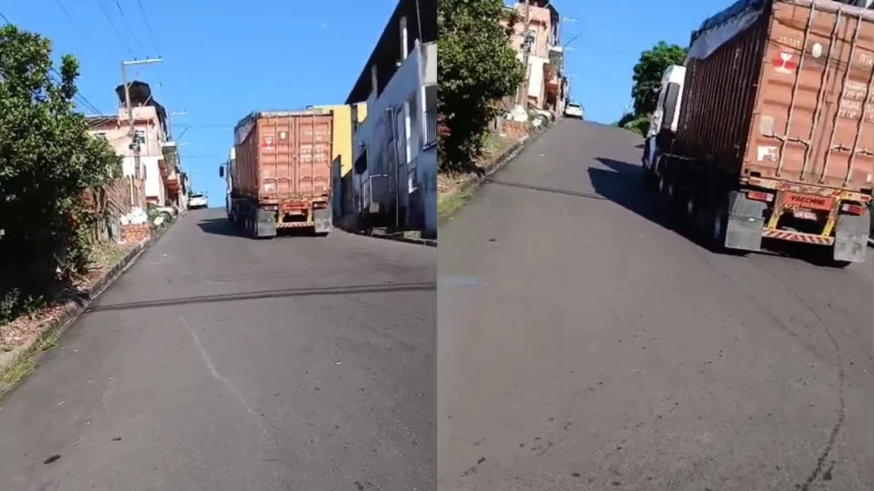 Veja o vídeo: Dois dias após acidente com criança ferida, carreta volta a ficar presa em ladeira no Conjunto Boas Novas