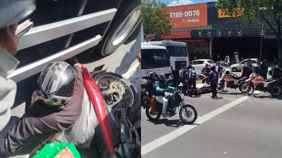 Veja o vídeo: Motociclista fica preso entre dois caminhões em acidente grave na Cosme Ferreira