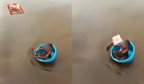 Veja o vídeo: Criança é flagrada remando em bacia plástica em busca de doações na Amazônia