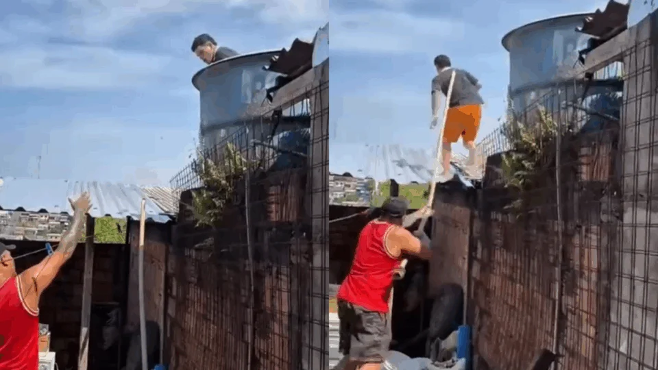 Veja o vídeo: Funcionário de padaria tenta escapar de linchamento subindo em telhado após confusão com motoboy no Flores