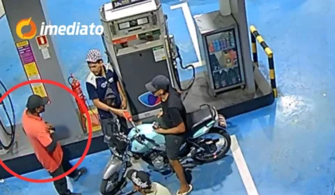 VEJA VÍDEO: Bandido realiza ‘arrastão’ em posto de combustíveis e rouba pertences de trabalhadores e clientes no bairro Novo Reino