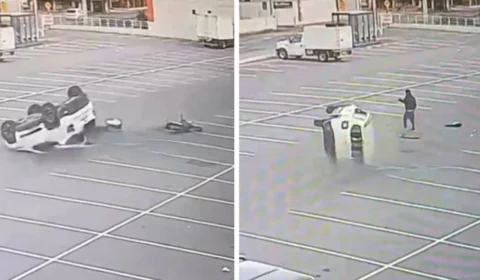 Acidente Impressionante: Carro capota após colidir com moto em estacionamento de mercado em Governador Celso Ramos (SC)