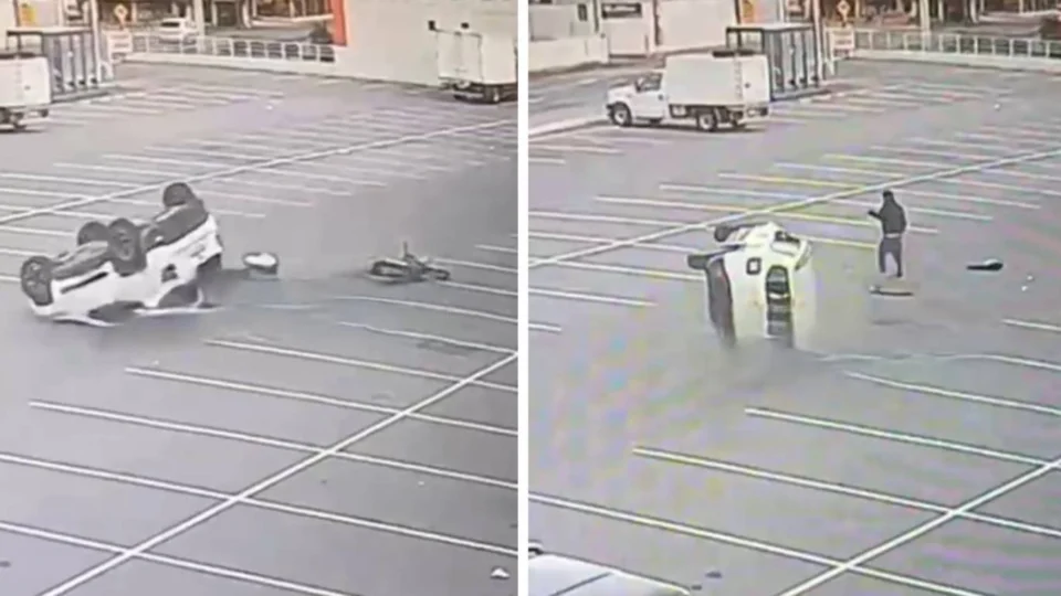 Acidente Impressionante: Carro capota após colidir com moto em estacionamento de mercado em Governador Celso Ramos (SC)