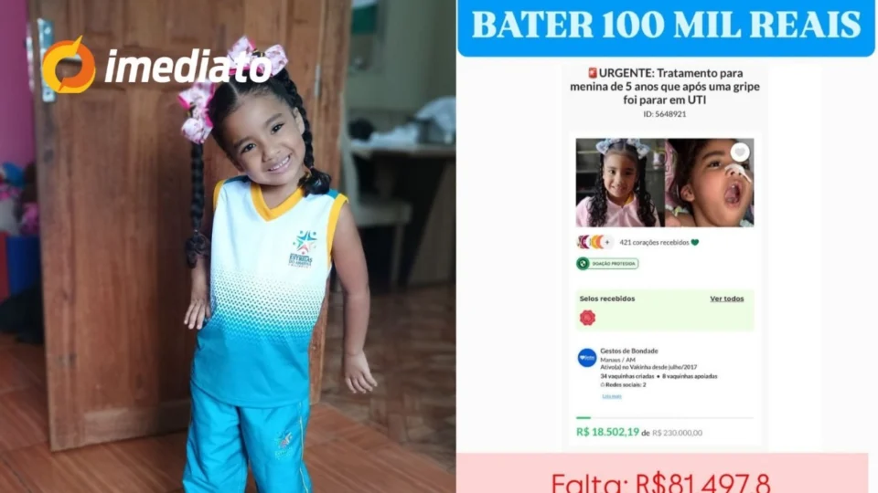 Mãe lança vaquinha online para custear tratamento da filha de 5 anos que foi parar na UTI após gripe em Manaus