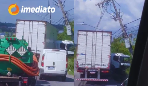 Veja vídeo: Caminhão perde controle e atinge poste no Distrito Industrial