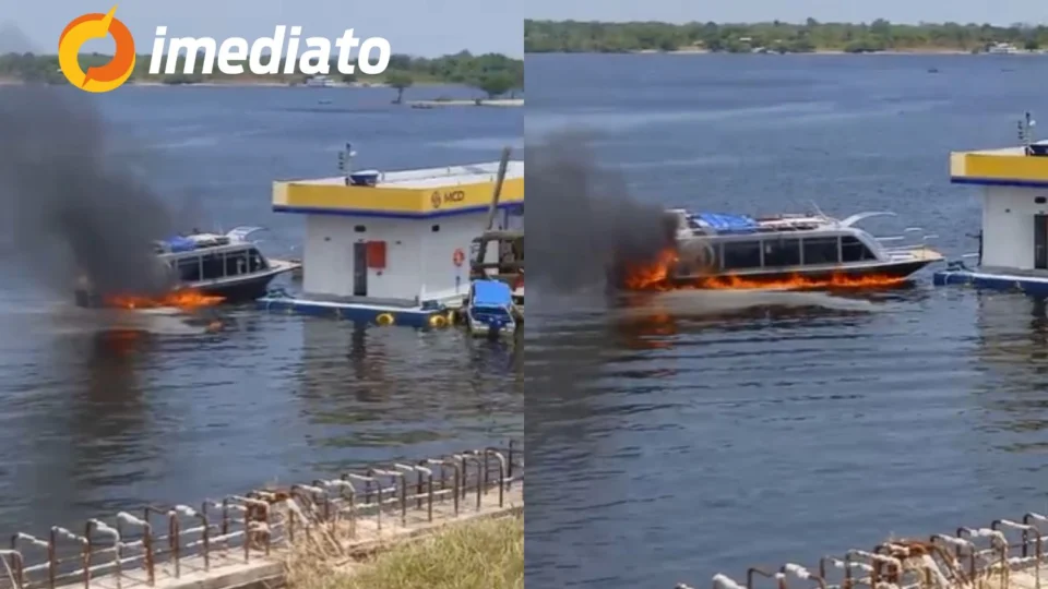 Veja vídeo: Lancha de turismo pega fogo durante abastecimento em Nhamundá