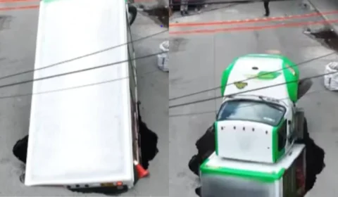 Caminhão de refrigerantes é ‘engolido’ por cratera na Cidade do México e assusta moradores
