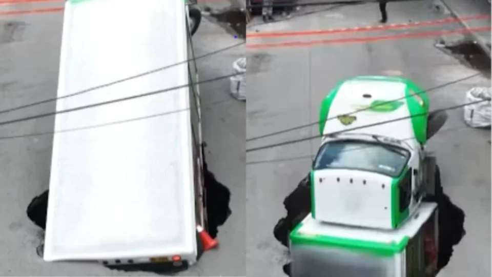 Caminhão de refrigerantes é ‘engolido’ por cratera na Cidade do México e assusta moradores