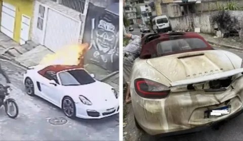 VEJA VÍDEO: Dupla em moto incendeia Porsche estacionado em São Paulo