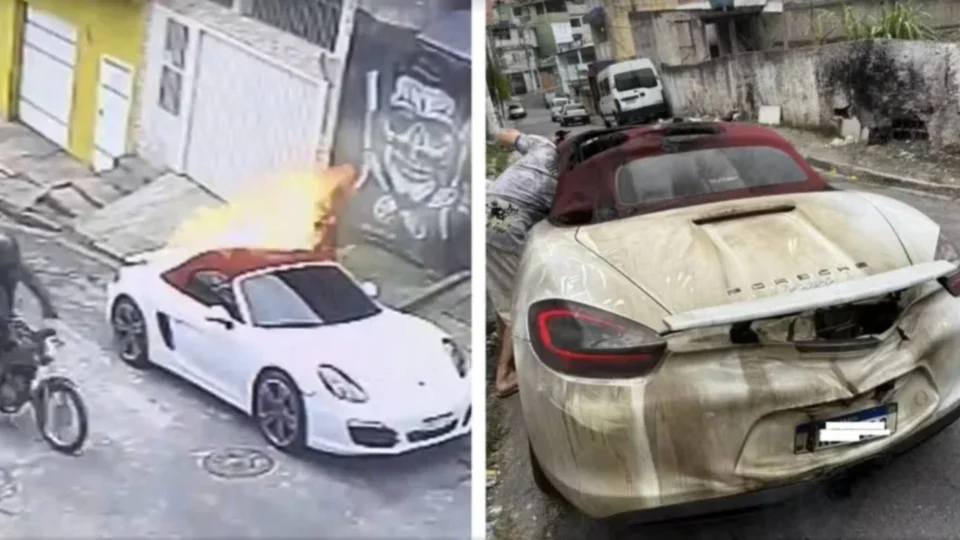 VEJA VÍDEO: Dupla em moto incendeia Porsche estacionado em São Paulo