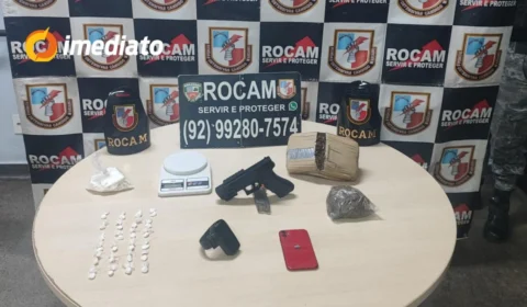 ROCAM apreende drogas, simulacro de arma e tornozeleira eletrônica rompida em operação no bairro Praça 14